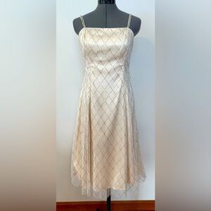 Oh WoW! Vintage Cream Tea Length Dress  with silver and gold rhinestone detail.